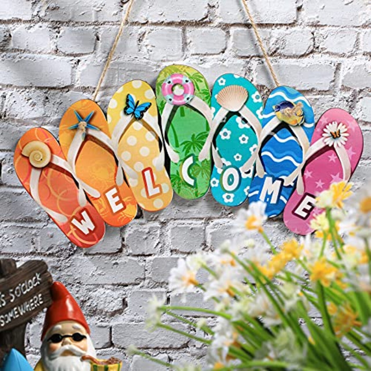 Hanging Sign Shape Welcome Hello Flip Flop Wooden Door Plaque Rustic Wall Sign Yard Indoor Outdoor Garden Decoration with Rope (Welcome)
